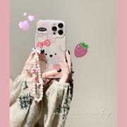 适用粉色泼墨草莓兔子iPhone15promax苹果14Pro韩风手机壳11卡通plus手链13女款12Pro硅胶软壳潮