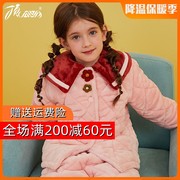 儿童睡衣女孩加厚夹棉绗棉法兰绒里层纯棉家居服套装中大童顶呱呱