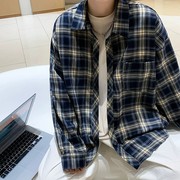 古着vintage藏蓝色格子衬衫男高级感潮美式复古长袖衬衣外套