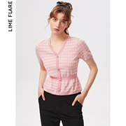 莱茵螺纹上衣收腰商场，同款提花撞色针织衫女2023夏季甜美粉色
