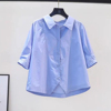 蓝色全棉衬衣女短袖2024设计感小众拼接气质小清新文艺范上衣