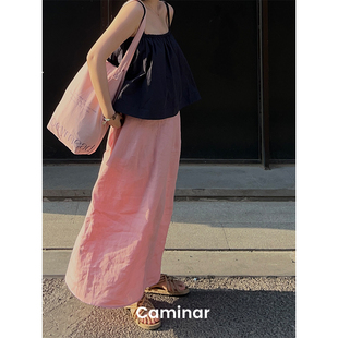 Caminar 23SS “草莓牛奶”粉色100%亚麻花苞裙 夏季樱花粉半身裙