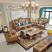 欧式真皮沙发124实木雕花，奢华别墅美式头层牛皮大小户型家具组合