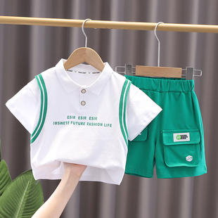 男童夏季套装2024最儿童，短袖t恤翻领，polo衫休闲宝宝运动短裤