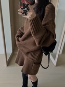 韩国东大门 美拉德色慵懒宽松套头毛衣针织衫+短裤时尚两件套装