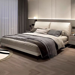 真皮床现代简约主卧双人大床，实木软包床，收纳储物意式轻奢床