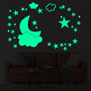 月亮云朵夜光星星墙贴儿童房墙面，装饰卡通发光贴画客厅卧室荧光贴