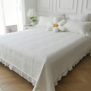 韩国ins公主风纯棉床盖白色全棉荷叶边绗缝厚床单三件套四季通用