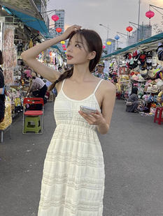 韩国chic夏季法式优雅圆领重工蕾丝拼接高腰显瘦无袖吊带连衣裙女