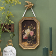复古法式植物花卉挂画玄关卧室边柜珍珠链八角防水油画布装饰画