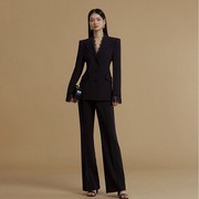 黑色蕾丝领设计修身西装套装外套，阔腿裤气质感女神，范时尚(范时尚)通勤
