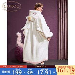 gukoo果壳睡裙女冬季白色，天使保暖可爱女米粒绒家居服睡袍d