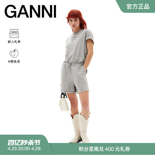 明星同款ganni女装，字母logo印花灰色圆领短袖，t恤衫t3677921