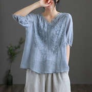 dza苎麻短袖女士衬衣，2023夏季新薄款棉麻上衣气质，宽松v领漂亮衬衫