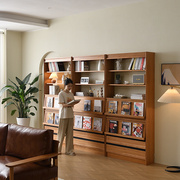 北欧全实木书柜樱桃木整墙置物架带玻璃门自由组合书架储物展示柜