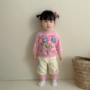 韩版女童衣服春秋装可爱超萌洋气分体套装立体花朵上衣+裤子2件套