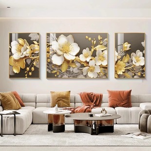 花开富贵牡丹客厅装饰画，现代简约沙发背景墙，挂画中式大气三联壁画