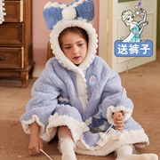 女童珊瑚绒睡衣秋冬季加厚款女孩中大童宝宝儿童家居服法兰绒睡袍