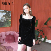 shirleyyu2024春夏款欧美黑色丝绒，镶钻聚会年会，小礼服显瘦连衣裙