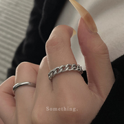 银色链条两件套开口指环女简约个性，设计食指戒时尚小众素圈指环男