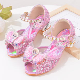 夏季儿童凉鞋爱莎公主鞋网红小女孩高跟鞋宝宝女童水晶鞋