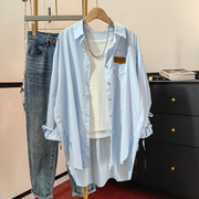 蓝色衬衫女宽松中长款春装2024韩版设计感小众抽绳衬衣外套潮