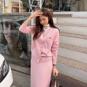 韩国东大门名媛小香风针织毛衣套装女气质高级感开叉半身裙两件套