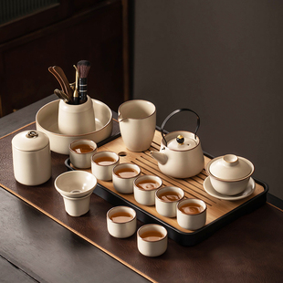 米黄汝窑功夫茶具套装，家用陶瓷茶壶盖碗茶杯，茶盘轻奢高档喝茶中式