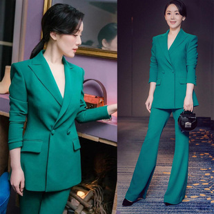 西装套装女韩版时尚休闲职业装西服英伦气质两件套chic绿色外套