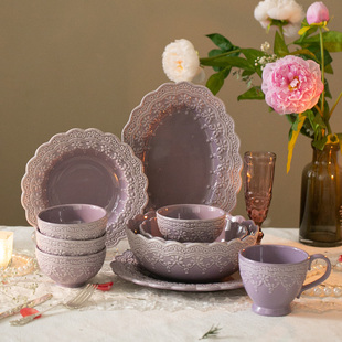 法式紫色蕾丝陶瓷餐具 欧式 少女心 碗杯子牛排盘汤碗 饭碗早餐杯
