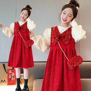 女童红色连衣裙2024新年秋冬款加绒公主背心裙子套装过年衣服战袍
