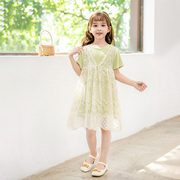 女童夏季蕾丝长款t恤假两件连衣裙，儿童2024高端纯棉公主裙子