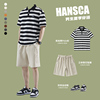 hansca条纹polo衫男夏季套装，穿搭休闲短裤宽松日系，高级感短袖t恤