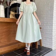 圆领绿色连衣裙少女夏装2023初中高中学生初恋气质温柔长裙子