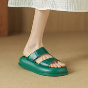 时尚外穿厚底罗马女拖鞋复古真皮魔术贴凉拖坡跟松糕绿色露趾凉鞋