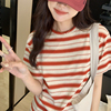 红色条纹t恤女撞色显瘦上衣夏季韩系复古学院风chic大码棉质短袖