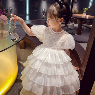女童公主裙夏装，2024洋气儿童白色，网纱蛋糕裙女孩泡泡袖连衣裙