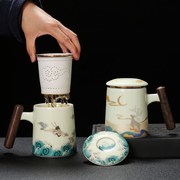 陶客源礼盒装陶瓷办公室水杯三件套带盖子过滤内胆木质手柄马克杯