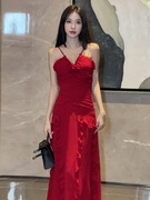 法式红色荷叶边v领吊带连衣裙女2023夏季高级感气质茶歇长裙