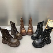 欧货2023秋季纯皮真皮擦色复古搭扣厚底，短筒马丁靴机车靴女鞋
