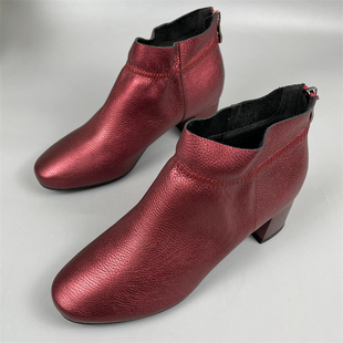2022春秋季网红复古红色高跟瘦瘦靴单靴中跟粗跟裸靴短靴女潮