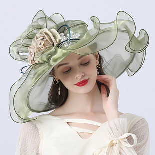 欧根纱网纱大檐帽可调节两带时装，帽卷边欧美风，个性花卉平顶大帽檐