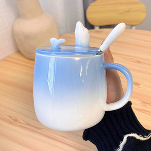 海豚杯子女陶瓷马克杯带盖带勺子纯色简约ins办公室设计感咖啡杯
