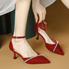 红色婚鞋女细跟单鞋6公分小跟不累脚包头凉鞋，尖头珍珠伴娘高跟鞋