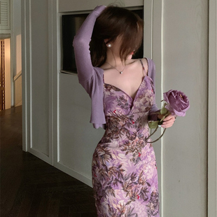大码女装夏季法式纯欲紫色碎花，吊带裙开衫胖mm气质开叉长裙子