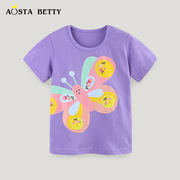 24夏季女童t恤欧美风格，儿童蝴蝶印花运动衫，针织棉圆领套头童上衣