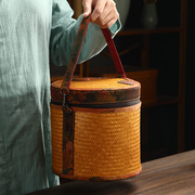 竹编水桶包复古手提包女拎包文艺编织收纳包斜挎包印花绸缎女士包