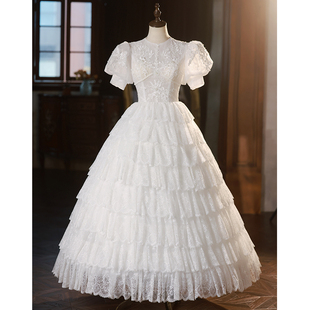 法式蕾丝小个子出门轻婚纱新娘2024古着民国风复古白色蓬蓬裙
