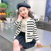 韩系女童针织开衫加绒春秋季韩版儿童洋气条纹毛衣外套长袖
