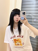 2024夏季女短袖T恤圆领套头面包猫咪印花可爱ins纯棉短袖T恤